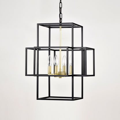 US Local 4-Light Metal Lantern Tiered Pendant Hanging Light Fixtures, Industrial Farmhouse Adjustable Height Chandeliers For Dining Room Hallway Foyer Entryway--Matte Black & Gold