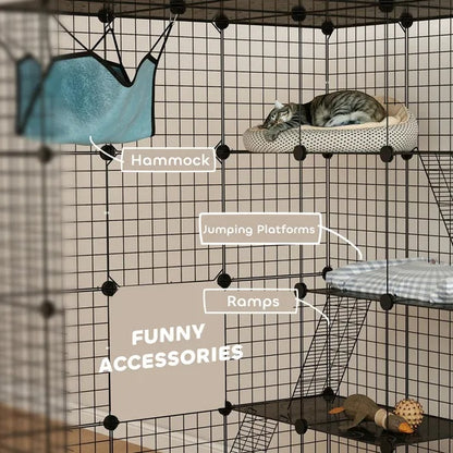 US Local DIY 4 Tier Cat Cage Indoor With Hammock, Ramps, Jumping Platforms, Doors, Cat Enclosure For 1-3 Cats, 3 X 3 X 4, Black