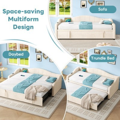 UK Local Upholstered Bed 90x190cm, Daybed, Sofa Bed With Charging Station, 3ft Single Velvet Bed With USB And Type - C Ports, Pull Out Trundle Bed For Living Room Bedroom Study Room, Beige No Mattress