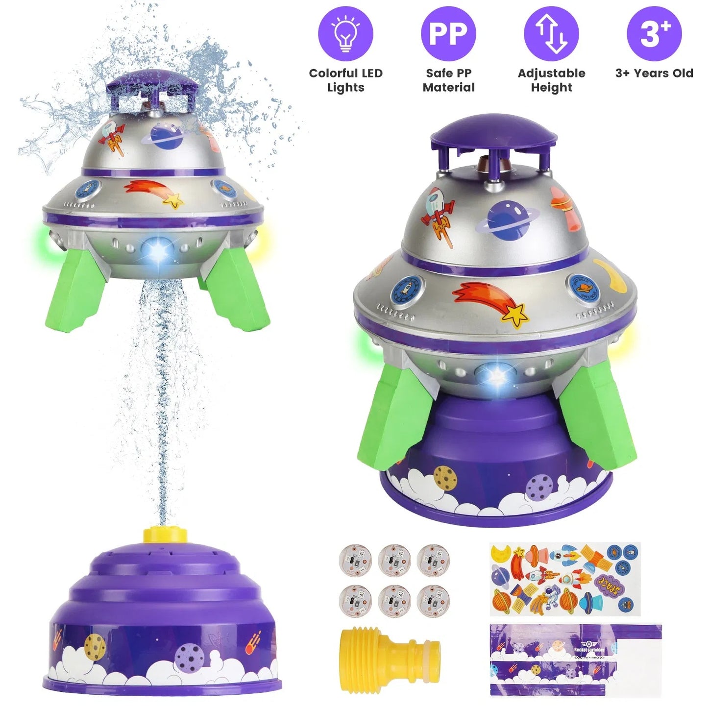 US Local UFO Water Sprinkler Outdoor Summer Rocket Toy With Colorful LED Lights Spinning 1.64FT To 6.56FT Adjustable Height Birthday Summer Gift For Girls Boys Aged Years Old GPCT5465