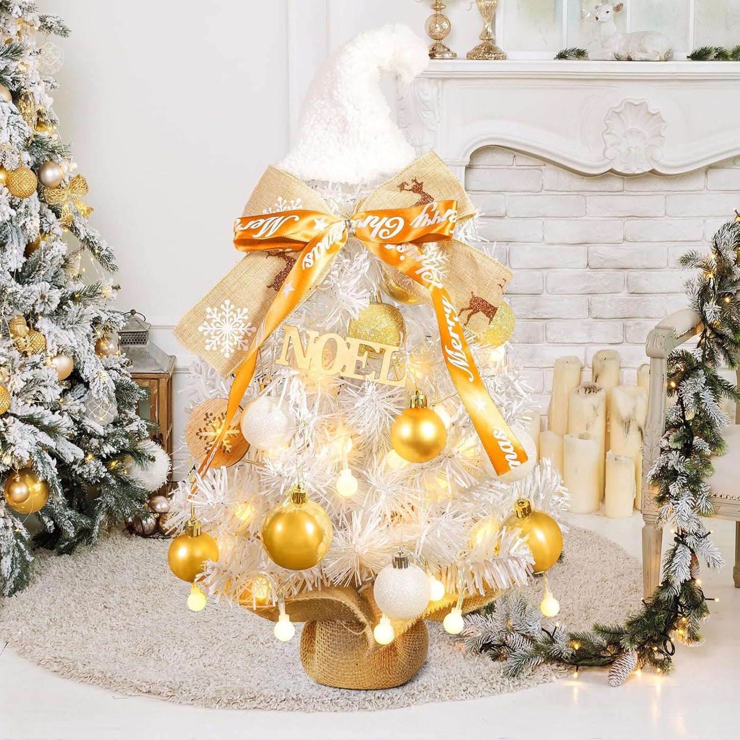 24 - Inch Snowy Christmas Tree. Golden Balls, Ribbons & Festive Hat