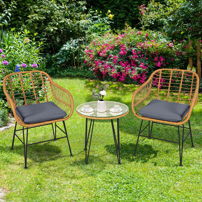 US Local 3 Pieces Rattan Furniture Set With Cushioned Chair Table