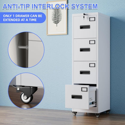 US Local METAN 4 Drawer Vertical File Cabinet On Wheels, Lockable Office Files Storage Cabinet With Handle And Name Card,Mobile Storage Cabinet For Office And Home,Assembly Required,White