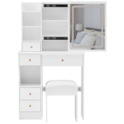US Local 29.2 Small Size Left Drawer Desktop Vanity Table Cushioned Stool, Large Sliding, Touch Control, Tri-color Switching, Brightness Adjust LED Mirror, High Capacity Storage, Suitable For Small Space