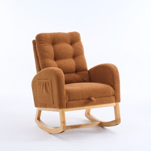 US Local LY-5104 Caramel Accent Rocking Chair With Footrest High Back Rubber Wood Rocking Legs Bedroom Living Space 26.77D X 38.36W X 39.76H Inch