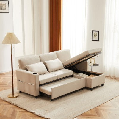 UK Local Sofa Bed, L-Shaped Corner Sofa, 3 Seater Pull Out Sofa With Storage, Convertible Settee Sectional Sofa For Living Room, Office, Beige