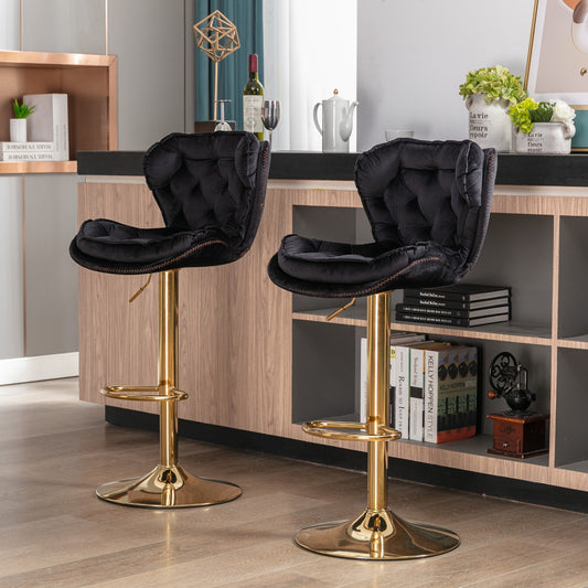 US Local Set Of 2 Bar Stools Chrome Base, Swivel, Adjustable Height, Velvet