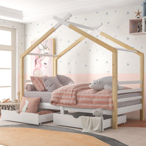 UK Local Kids Single Bed Frames Toddler Beds Storage Underneath 3FT Single Bed With Storage Solid Pine Wood House Tree Canopy Bed For Children Girls And Boys Toddler Bed Wood