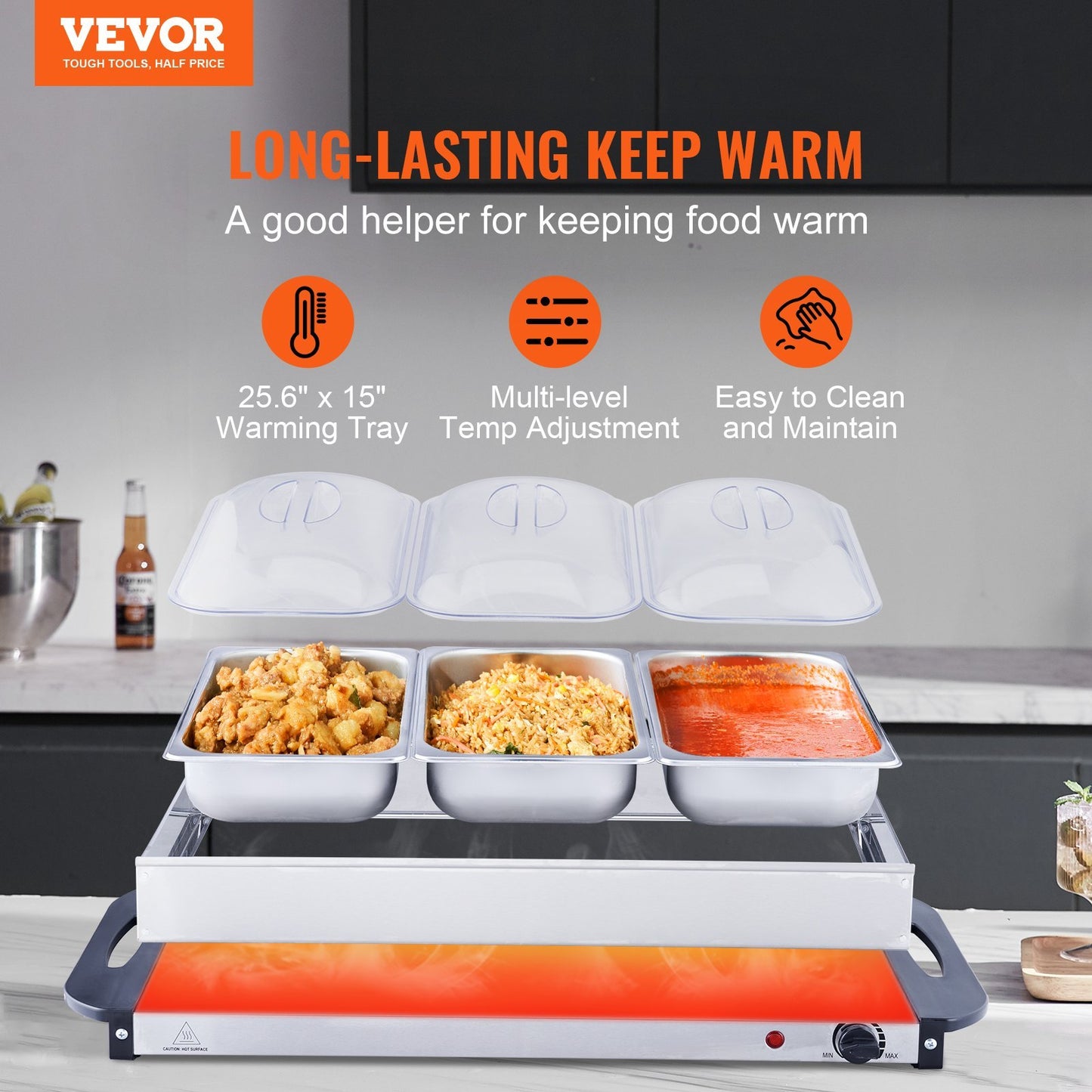 Electric Buffet Server Food Warmer, 25.6 X 15 Portable Stainless Steel Chafing Dish Set With Temp Control & Oven-Safe Pan, Perfect For Catering, Parties, Events, Entertaining, Silver, ETL