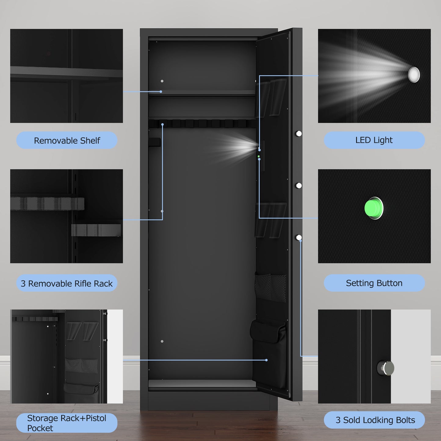 US Local Large Heavy Duty Gun Safe For Rifle And Pistol - 55.2 Firearm Security Cabinet With Electronic Lock, LED Light & Removable Shelves