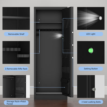 US Local Large Heavy Duty Gun Safe For Rifle And Pistol - 55.2 Firearm Security Cabinet With Electronic Lock, LED Light & Removable Shelves