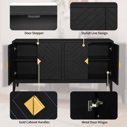 US Local 4-door Sideboard Storage Cabinet For Living And Dining Room, Two Large Cabinets With Gold Handle And Adjustable Shelves, Black