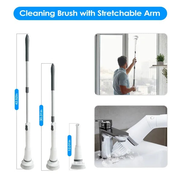 US Local Electric Spin Scrubber Cordless Rechargeable Telescopic Cleaning Brush 6 Replaceable Heads