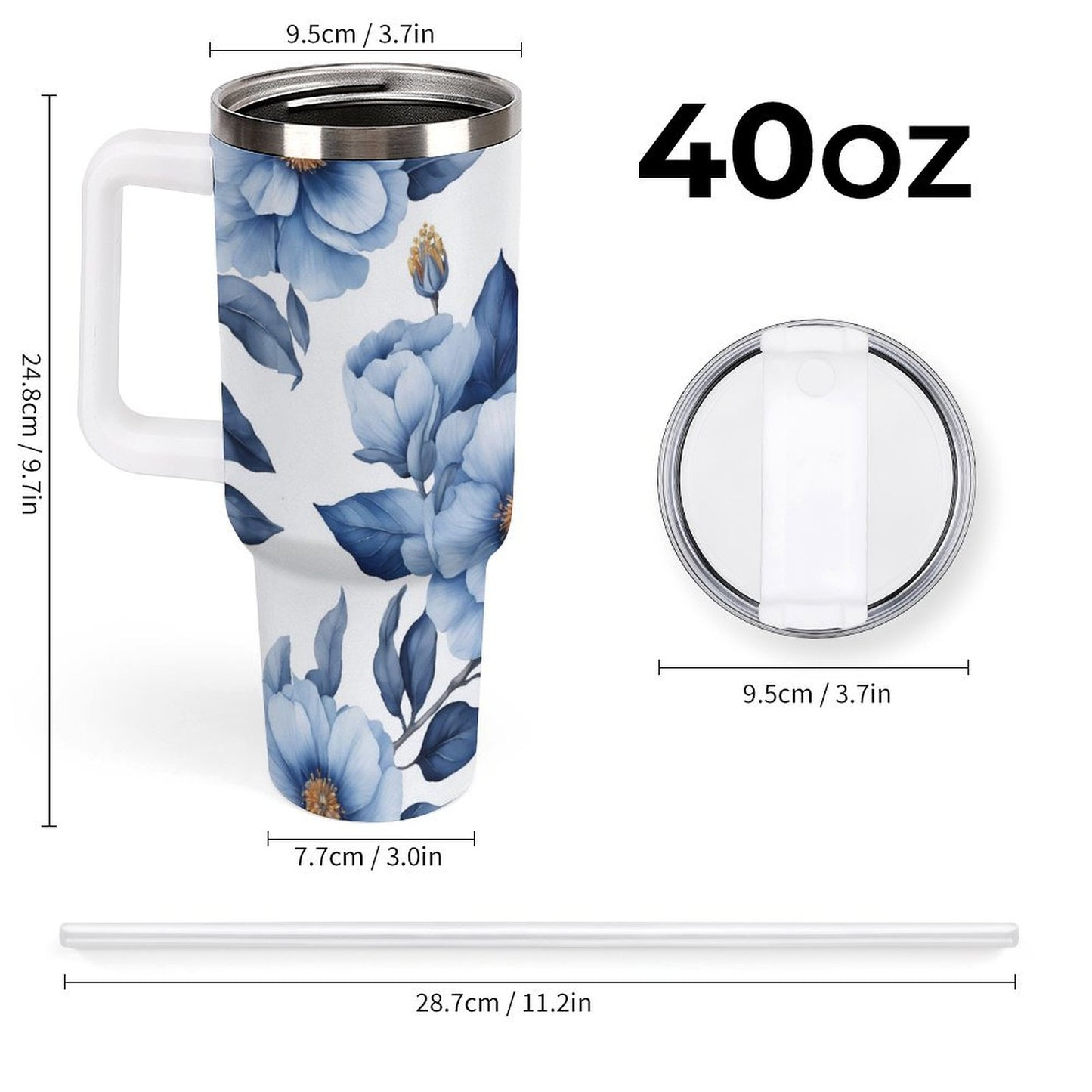 PHDT00034 POD US Local Tumbler 40 oz Large Capacity Car Cup Blue, Flowers, Leaves