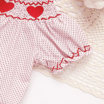 US Local Baby Girl's Short Sleeve Pink Romper, Polka Dot Pattern With Heart Embroidery And Ruffle Detail