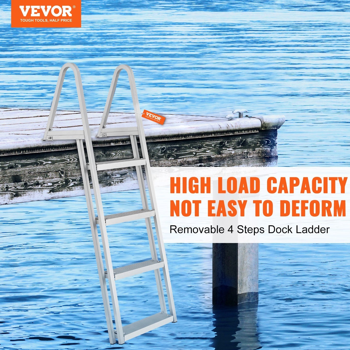 VEVOR Dock Ladder, Removable 4 Steps, 350 Lbs Load Capacity, Aluminum Alloy Pontoon Boat Ladder With Wide Step & Nonslip Rubber Mat, Easy To Install For Ship Lake Pool Marine Boarding