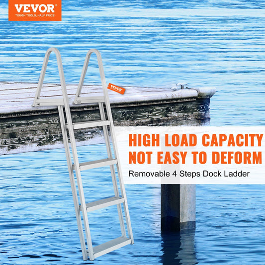 VEVOR Dock Ladder, Removable 4 Steps, 350 Lbs Load Capacity, Aluminum Alloy Pontoon Boat Ladder With Wide Step & Nonslip Rubber Mat, Easy To Install For Ship Lake Pool Marine Boarding