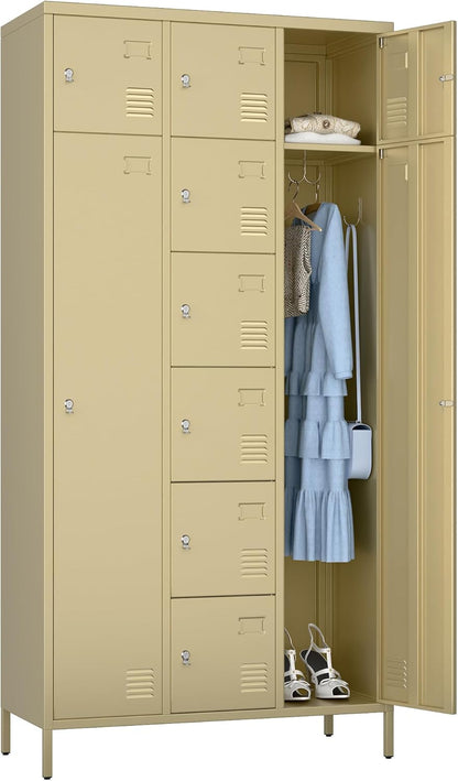 US Local Metal Storage Lockers With 10 Doors And Rod,Industrial Combination Employees Lockers With 2 Big And 8 Small Doors For Home Gym,School,Office,Assembly Required,Camel