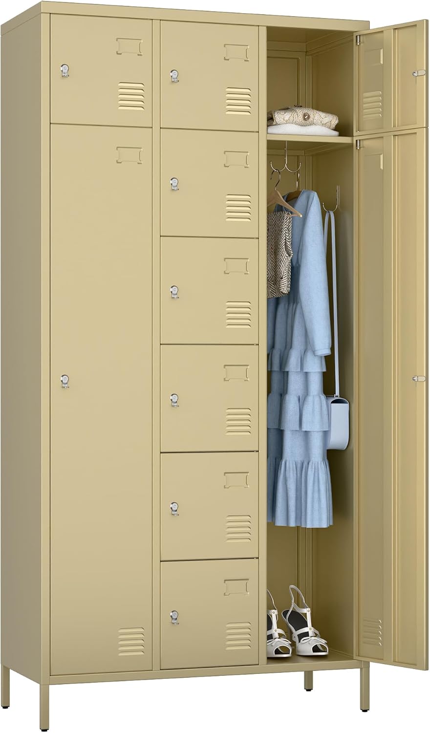 US Local Metal Storage Lockers With 10 Doors And Rod,Industrial Combination Employees Lockers With 2 Big And 8 Small Doors For Home Gym,School,Office,Assembly Required,Camel