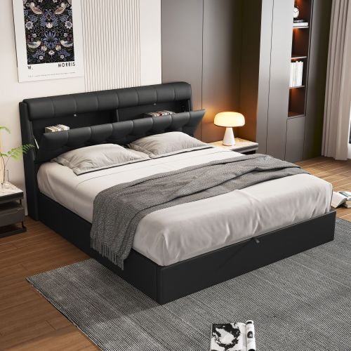 UK Local Fashion Upholstered Bed,135x190 4ft6, Double Bed,Hydraulic Bed,Concealed Headboard Storage,Bed Box Storage,PU,With Slats And Headboard,Without Mattress,Cream White