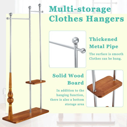 US Local 70  Industrial Coat Rack, Solid Wood & Silver Stainless Steel Clothing Rack, Double Layer Hanger For Coats, Hats, Bags, Shoes, Vintage Wood Grain  34.6  Wide