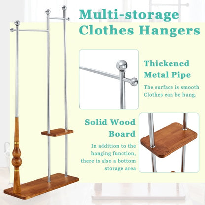 US Local 70  Industrial Coat Rack, Solid Wood & Silver Stainless Steel Clothing Rack, Double Layer Hanger For Coats, Hats, Bags, Shoes, Vintage Wood Grain  34.6  Wide