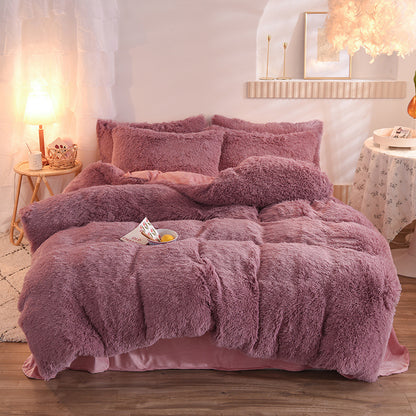 US Local Luxury Thick Fleece Duvet Cover Queen King Winter Warm Bed Quilt Cover Pillowcase Fluffy Plush Shaggy Bedclothes Bedding Set Winter Body Keep Warm