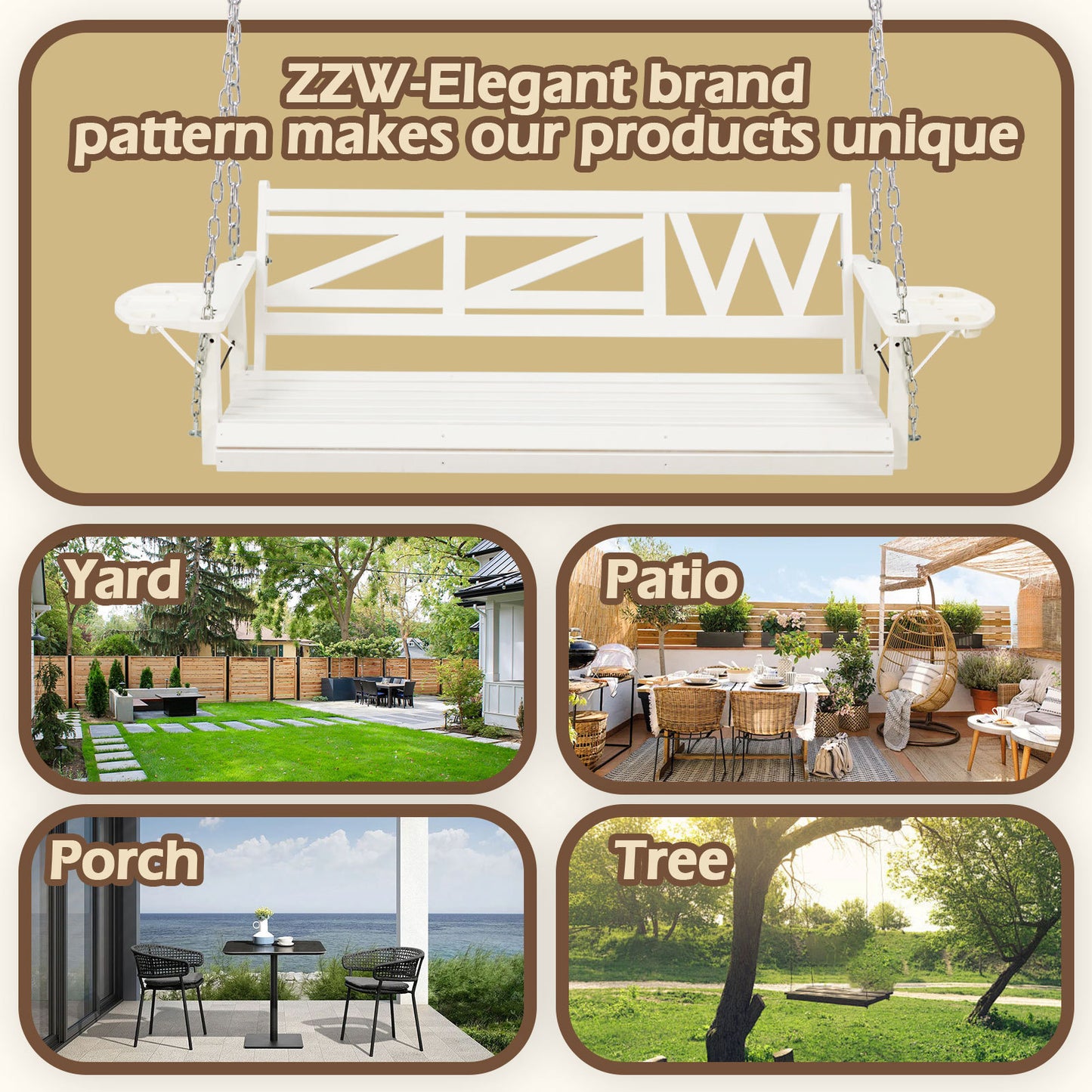 US Local Wooden Outdoor Porch Swing With 3-seat