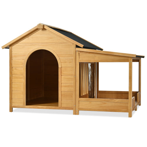 US Local 60.2 Large Wooden Dog House With Porch, Cabin Style Dog Crate With Asphalt Roof And Elevated Floor, Dog Kennel With Side Window And Doors, Perfect For Medium & Large Dogs, Nature