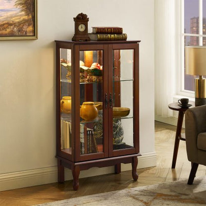 US Local Curio Cabinet Lighted Curio Diapaly Cabinet With Adjustable Shelves And Mirrored Back Panel, Tempered Glass Doors