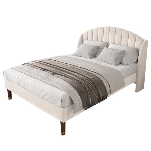 UK Local Upholstered Bed,Double Bed-4ft6 135x190cm,with Slatted Frame And Headboard, Youth Bed, Wooden Slatted Support, Easy Assembly, Velvet, Beige