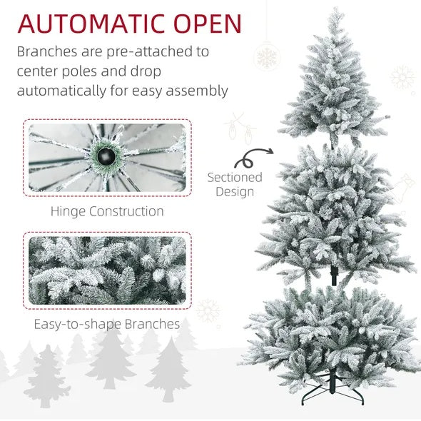US Local 7 Ft Snow Flocked Artificial Christmas Tree With 1401 Tips, Foldable Metal Stand, Easy Assembly, Hinged Xmas Tree For Home, Office, Holiday, Green