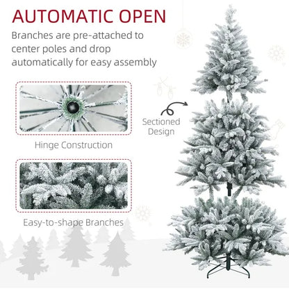 US Local 7 Ft Snow Flocked Artificial Christmas Tree With 1401 Tips, Foldable Metal Stand, Easy Assembly, Hinged Xmas Tree For Home, Office, Holiday, Green