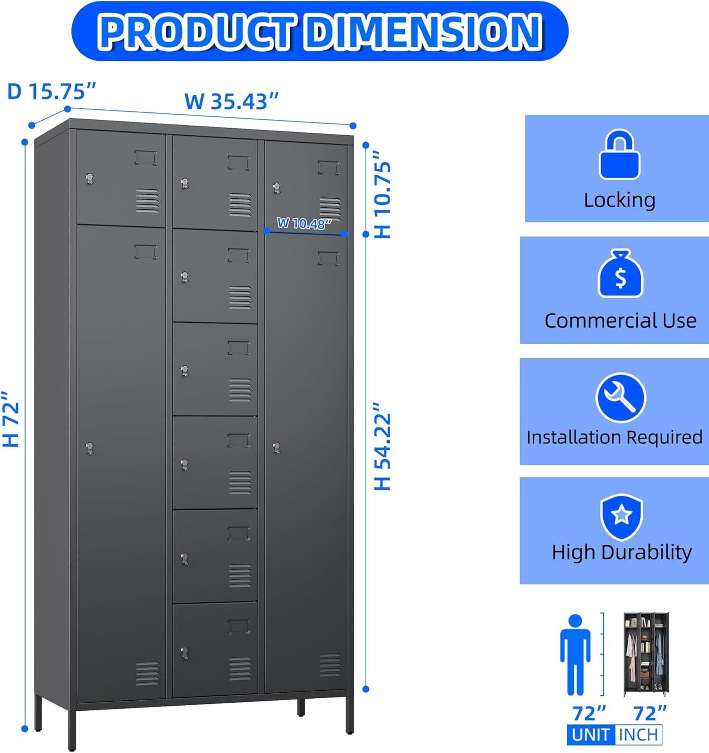 US Local Metal Lockers For Employees With 10 Doors, H Steel Lockable Storage Lockers With 6 Hooks And 10 Card Holder For Office, Home, Gym, School, Employees, Dark Grey