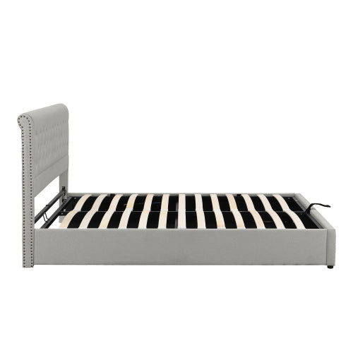 UK Local Upholstered Bed,Double Bed-4ft6 135x190cm ,with Hydraulic Lever, Functional Storage Bed, Rivet Decoration, Without Mattress, Linen, Light Grey