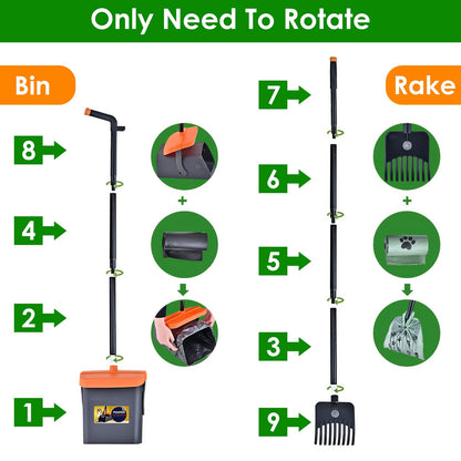 US Local 1Set Pooper Scooper Kit Dog Poop Rake & Swiveling Bin Poop Heavy Duty Pick Up Tool With Extra Long Handle 35 Waste Bags Dispenser