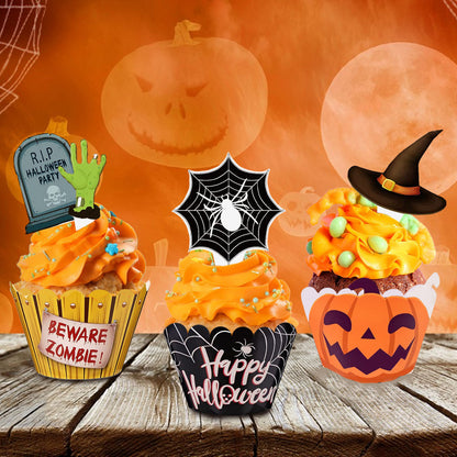 US Local 48 Pcs Halloween Cupcake Decoration Set Zombie Hand Witch Hat Spider Web Tombstones Design Cupcake Picks 3 Styles Happy Halloween Cupcake Wrappers