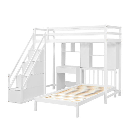 UK Local Wood House Bunk Bed 90x190 Cm,Bunk Bed, Double Bed, Multifunctional Children's Bed, Storage Space Function, With Desk And Shelves, With Slatted Frame, White