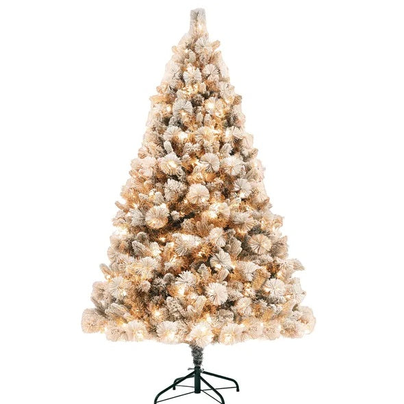 US Local HOMCOM 6.5 Ft Pre-Lit Artificial Christmas Tree With 350 Clear Lights And 1107 Tips, Snow Flocked Christmas Tree With Metal Stand, Hinged Xmas Tree For Home Office Holiday, Green