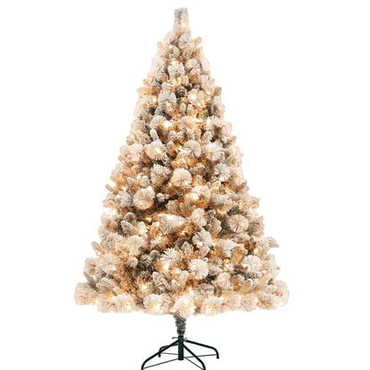 US Local HOMCOM 6.5 Ft Pre-Lit Artificial Christmas Tree With 350 Clear Lights And 1107 Tips, Snow Flocked Christmas Tree With Metal Stand, Hinged Xmas Tree For Home Office Holiday, Green