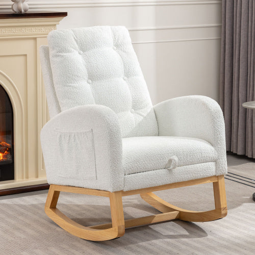 US Local LY-5104 WHITE Accent Rocking Chair With Footrest High Back Rubber Wood Rocking Legs Bedroom Living Space 26.77D X 38.36W X 39.76H Inch