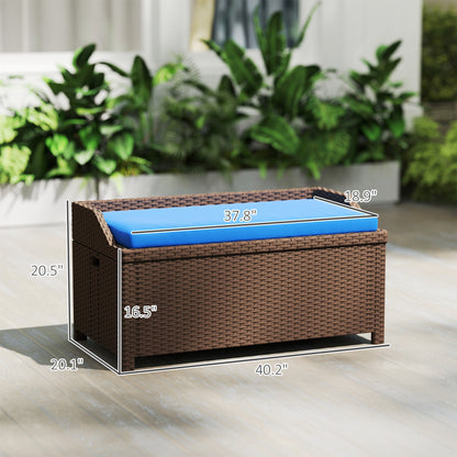 US Local Outdoor Wicker Storage Bench With Storage & Cushion, Blue
