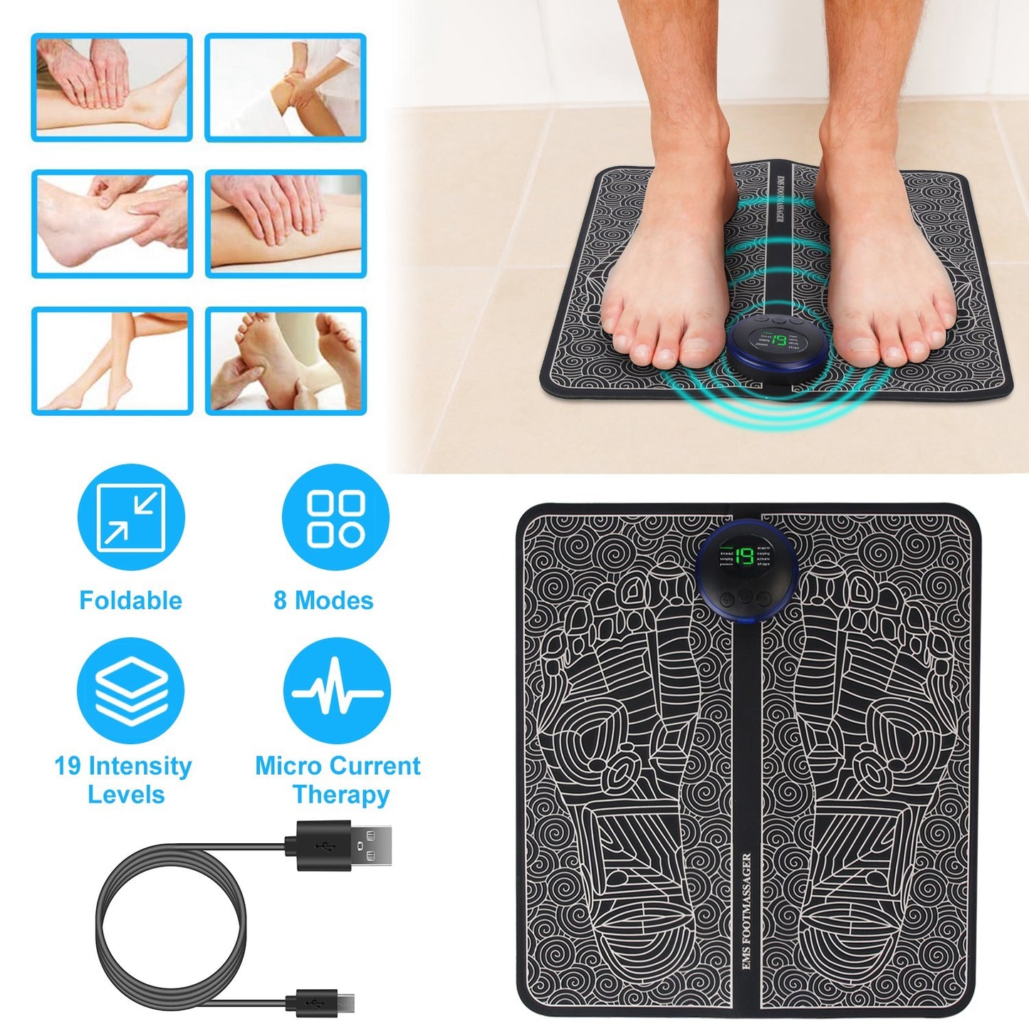 US Local 1 Pc Foot Massage Pad Electric Stimulator Massager Unit Leg Reshaping Muscle Pain Relax Foldable Massage Mat With 8 Modes 19 Intensity Levels Remote Control