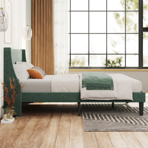 UK Local Double Bed Velvet Dark Green 4FT6 Upholstered Bed With Winged Headboard, Wood Slat Support