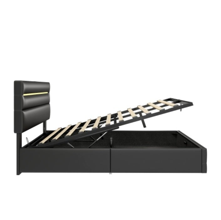 UK Local 5ft King Upholstered Bed Frame With Hydraulic Storage, PU Ottoman Bed With LED Lighting And Charging Station, LED Adjustable Headboard With USB And Type - C Ports, Black