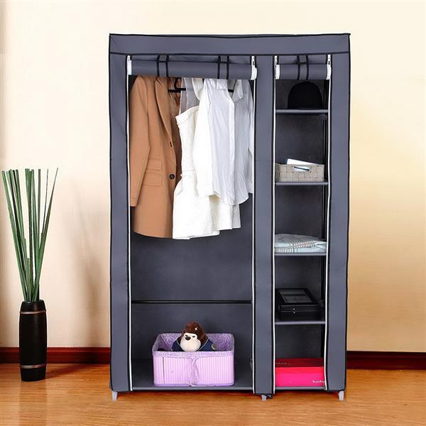 US Local Portable Clothes Closet Wardrobe With Non-woven Fabric And Hanging Rod Quick And Easy To Assemble Gray