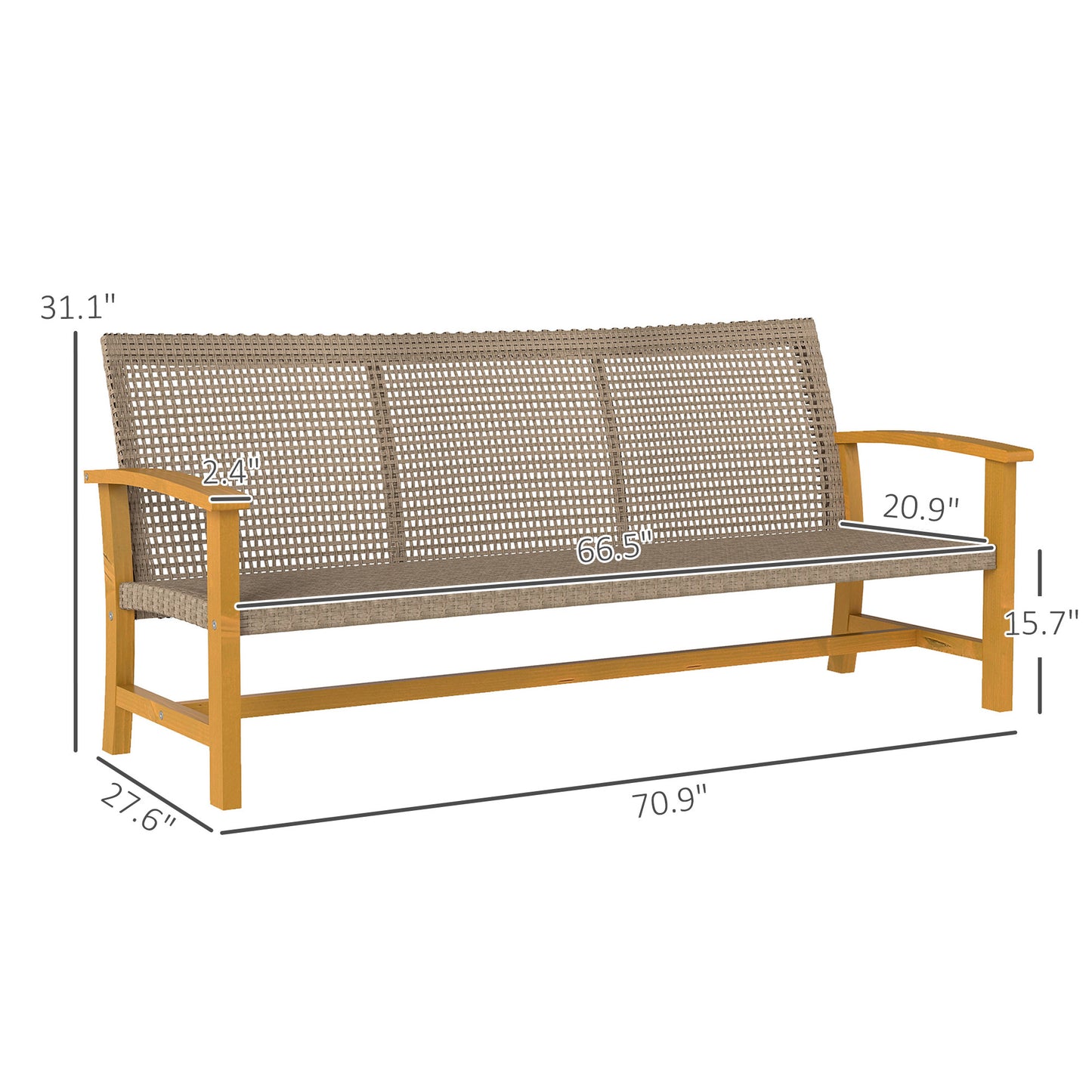 US Local 3-Seat Wicker Outdoor Couch Patio Sofa, Acacia Wood Patio Furniture With Steel Seat Armrests, Capacity, Teak