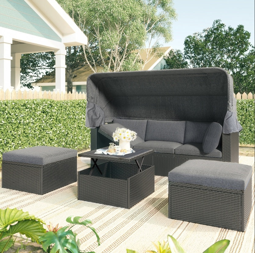 US Local U Style Patio Rectangle Daybed With Canopy, Wicker Sectional Seating