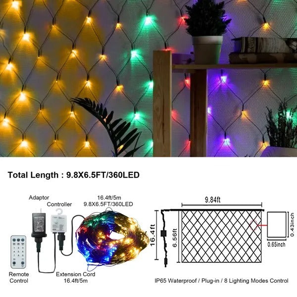 US Local 9.8 6.5FT Christmas Mesh Net Light,360 LED Net Light With 8 Modes Remote,Connectable Net String Christmas Lights For Garden