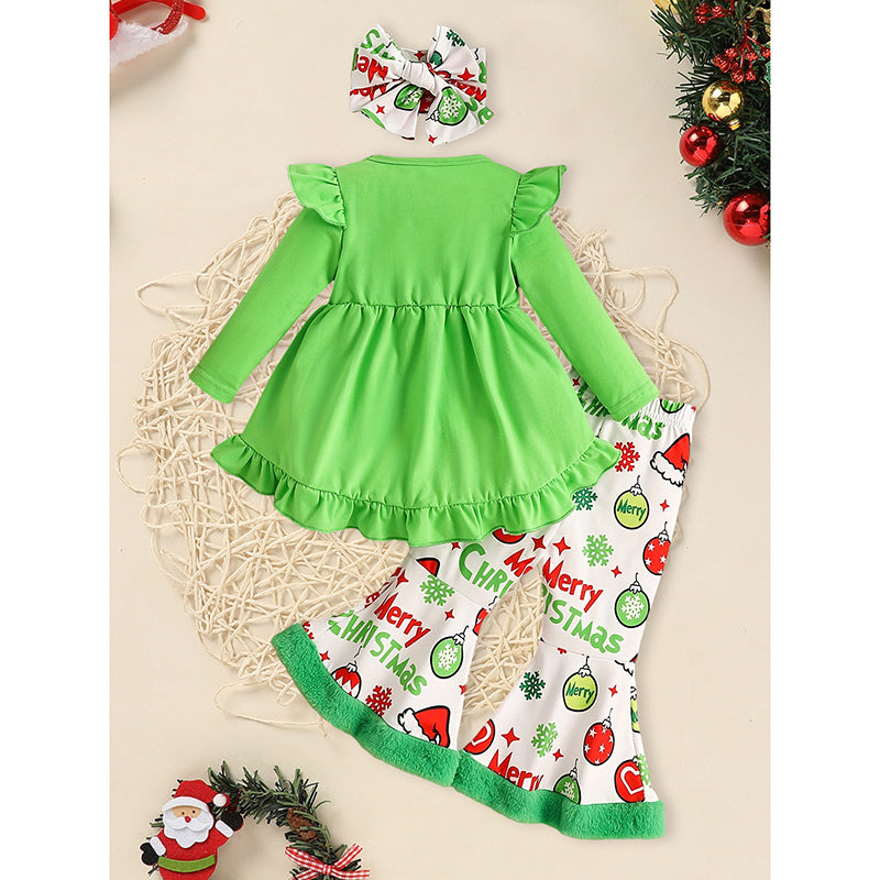 US Local Toddler Baby Girls Christmas Clothes Ruffle Long Sleeve Heart Print Tops Dress Christmas Ball Print Flared Pants With Headband Outfits Set